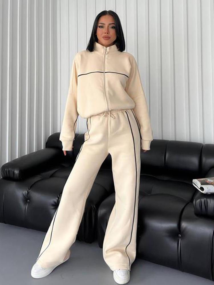 European and American Casual Set with Long Sleeve Cardigan Hoodie and Lace-up Striped Pants