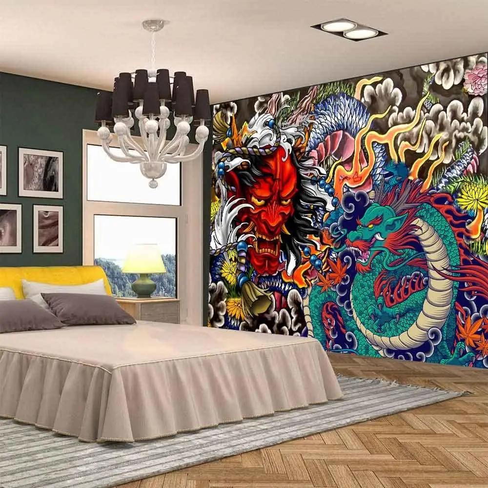 Japanese Dragon Tapestry Oni Mask Wall Hanging Aesthetic Anime Tapestry Art for Men Bedroom Living Room Flannel Fabric