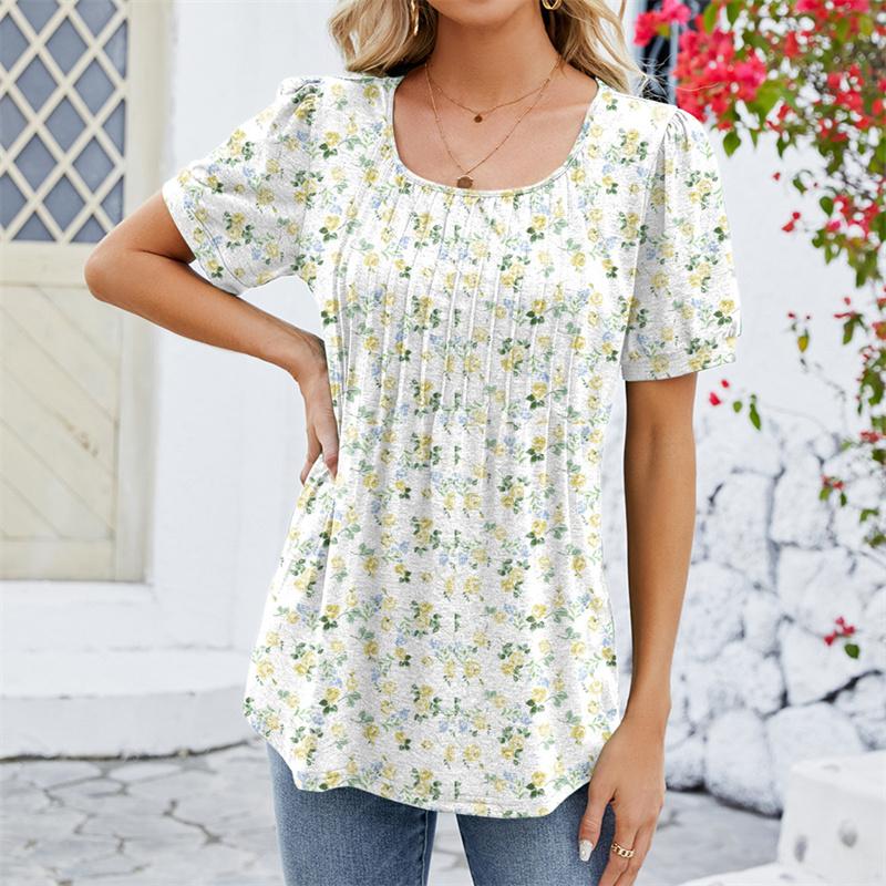 Spring Summer Pleated T Shirts Solid Color Women's Top Fashion O Neck Short Sleeve T-shirt