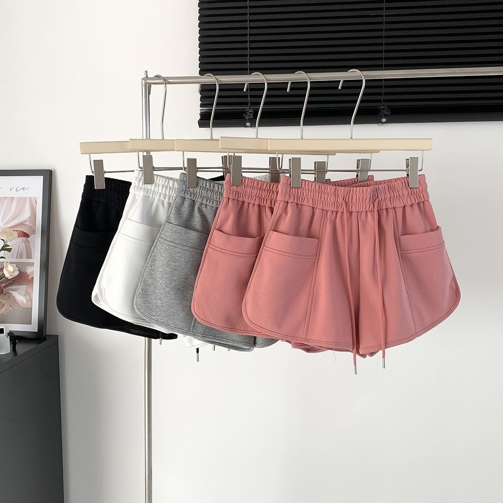 Fitness Wide Leg Shorts Women Solid Color Drawstring Short Pants Simple High Waist Shorts  Running