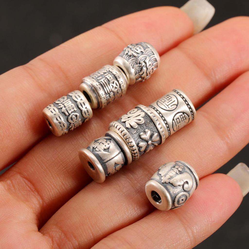 Ethnic-Style Sterling Silver S999 Fu Character Spacer Beads: Retro Barrel Ruyi Beads for DIY Lucky Silver Jewelry