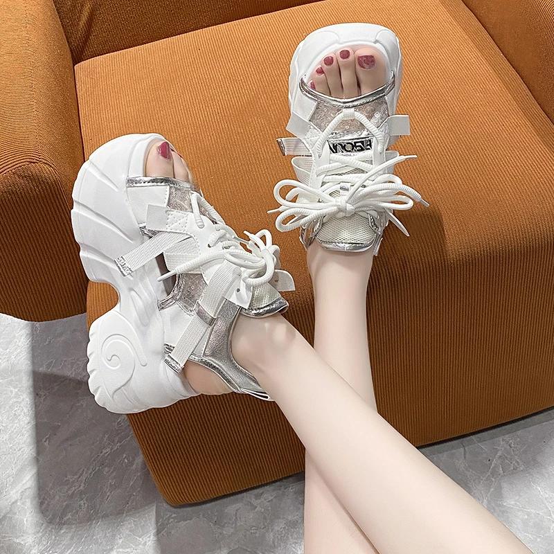 8,5 cm Damen Sandalen Plateau Dicke Sohle Klobige Schuhe Plateau Ins Casual Sommerschuhe Sandalen Beige Schwarz Bequem