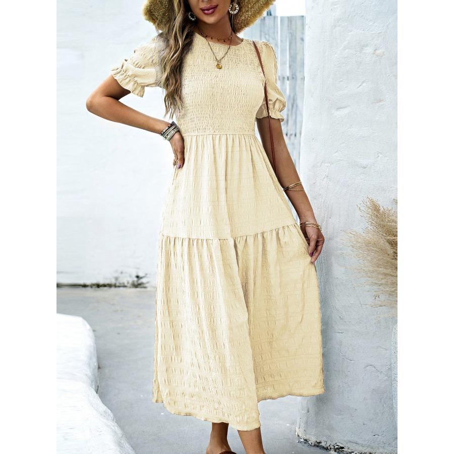 Casual Vacation Style Lotus Leaf Sleeve Cinched Waist Women's Long Dress 2025