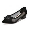 Pointed single shoes women's spring new round buckle mesh yarn shallow mouth women's shoes two kinds of height black foot cover