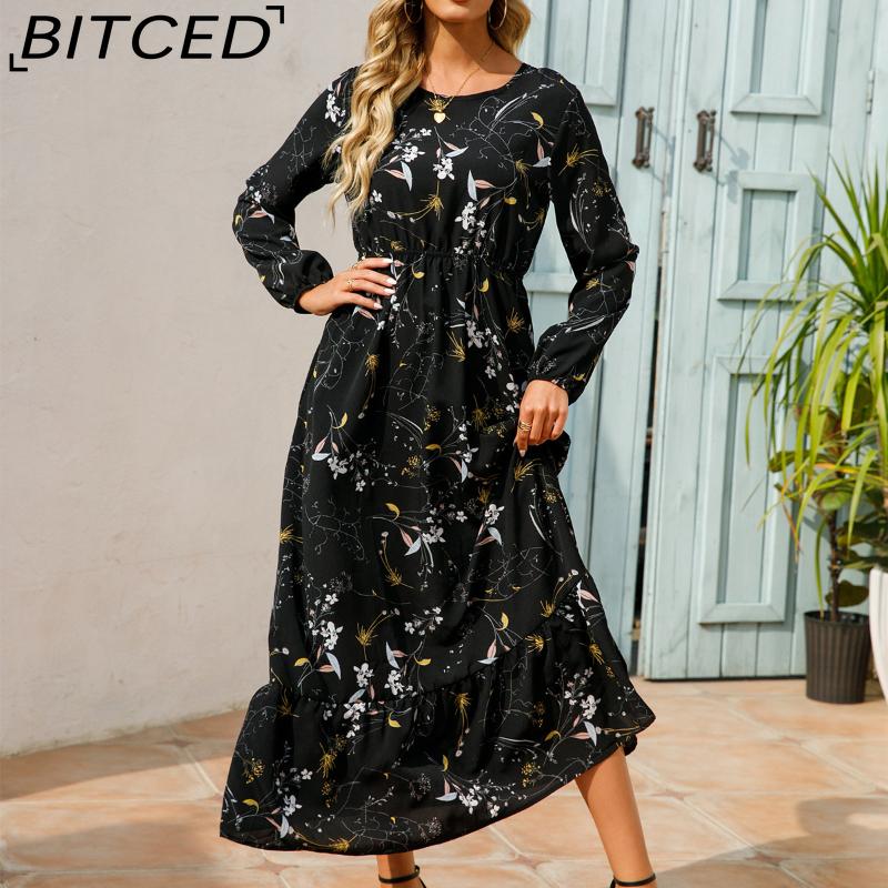 BITCED Spring Summer Bohemian Women Maxi Dress Casual Long Sleeve High Waist Beach Dress Women Floral Chiffon Dresses Vestidoes Mujer New