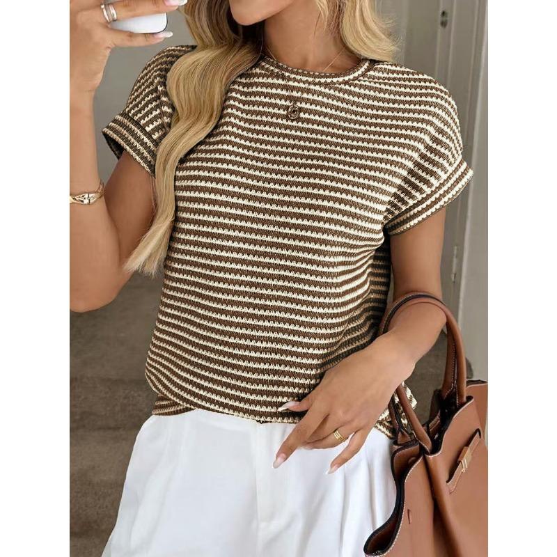 Summer New Women's Round Neck Pullover Two-color Knitted Short-sleeved Top
