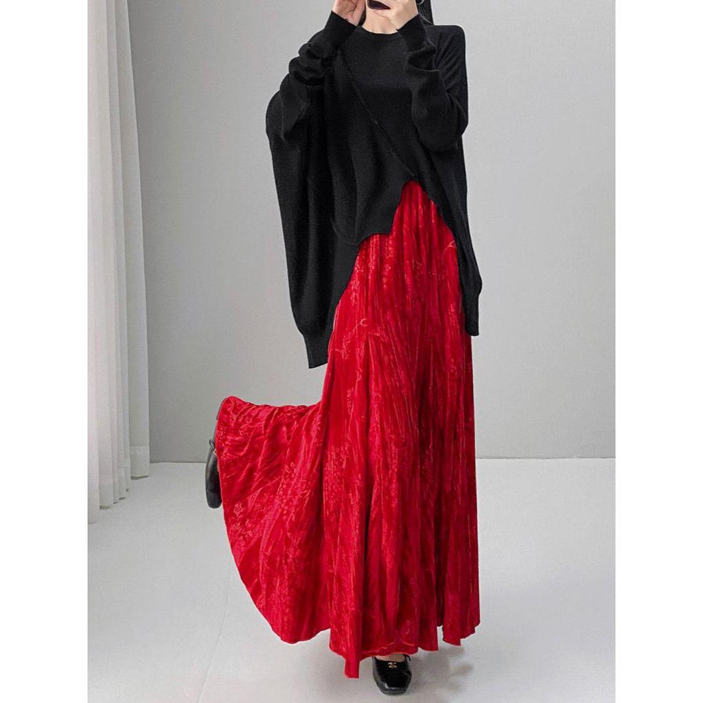 Autumn Winter Chinese Style Mermaid Half and Full-Length Skirt with Solid Color Print