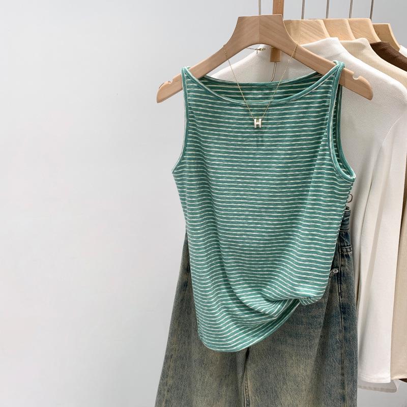 Green Stripe Spaghetti Strap Tank Top - Women s Resort Style Summer Outerwear 2026 Sleeveless Base Layer Medium