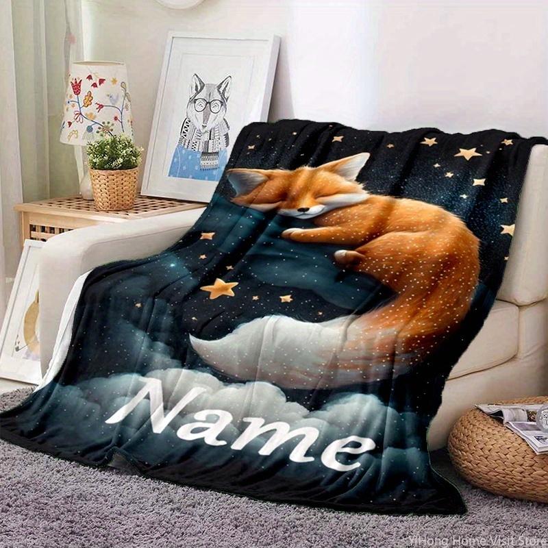 Personalized Custom Name Fox Design Throw Blanket Ultra-Soft Lightweight and Machine Washable for Sofa Bedroom Travel-Friendly