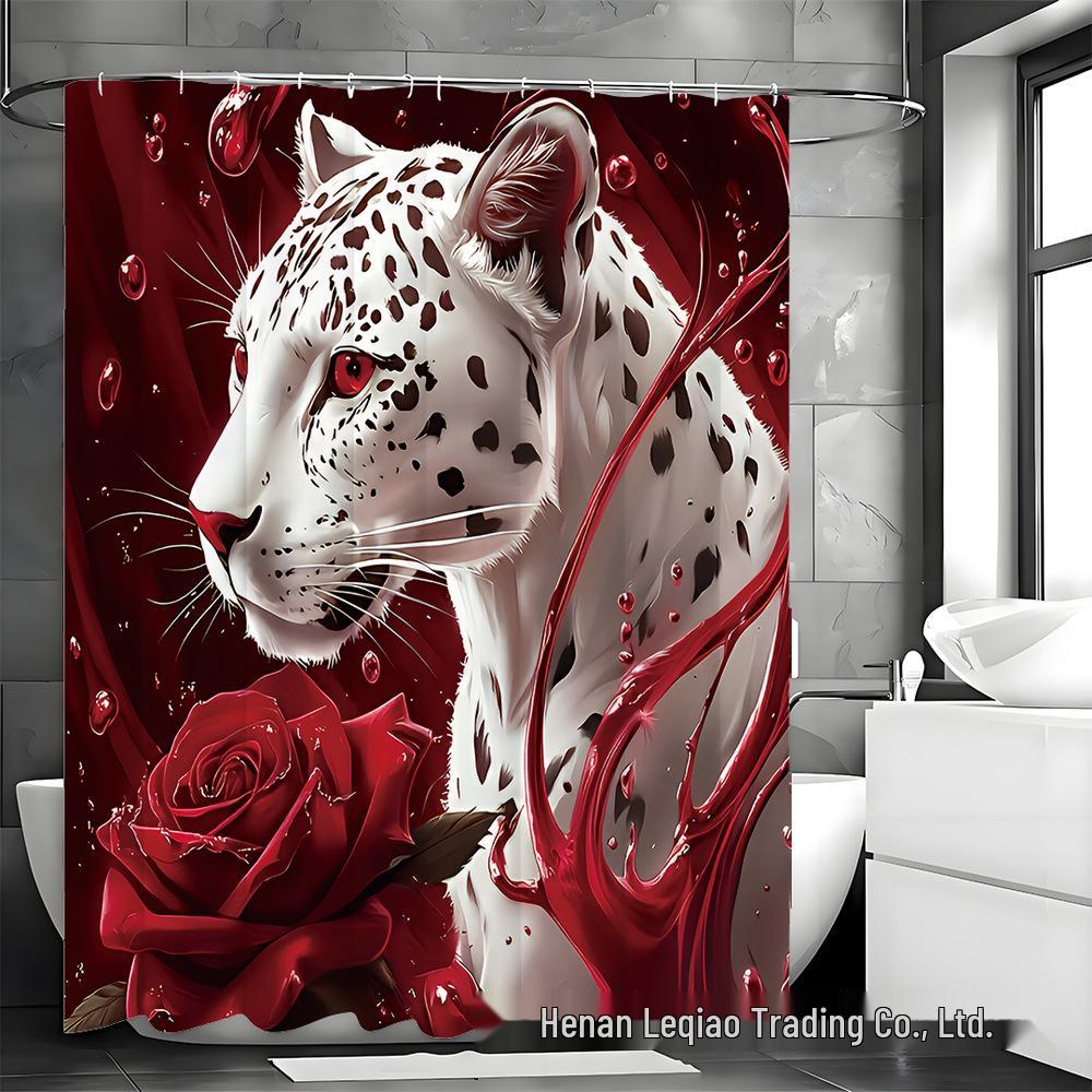 Rose & Leopard Bath Set: Shower Curtain, Non-slip Mat, Toilet Lid Cover, Bathroom Mat & 12 Hooks