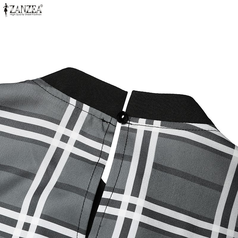 ZANZEA Women Muslim Casual Round Neck Long Sleeve Plaid Print Patchwork Loose Long Dress