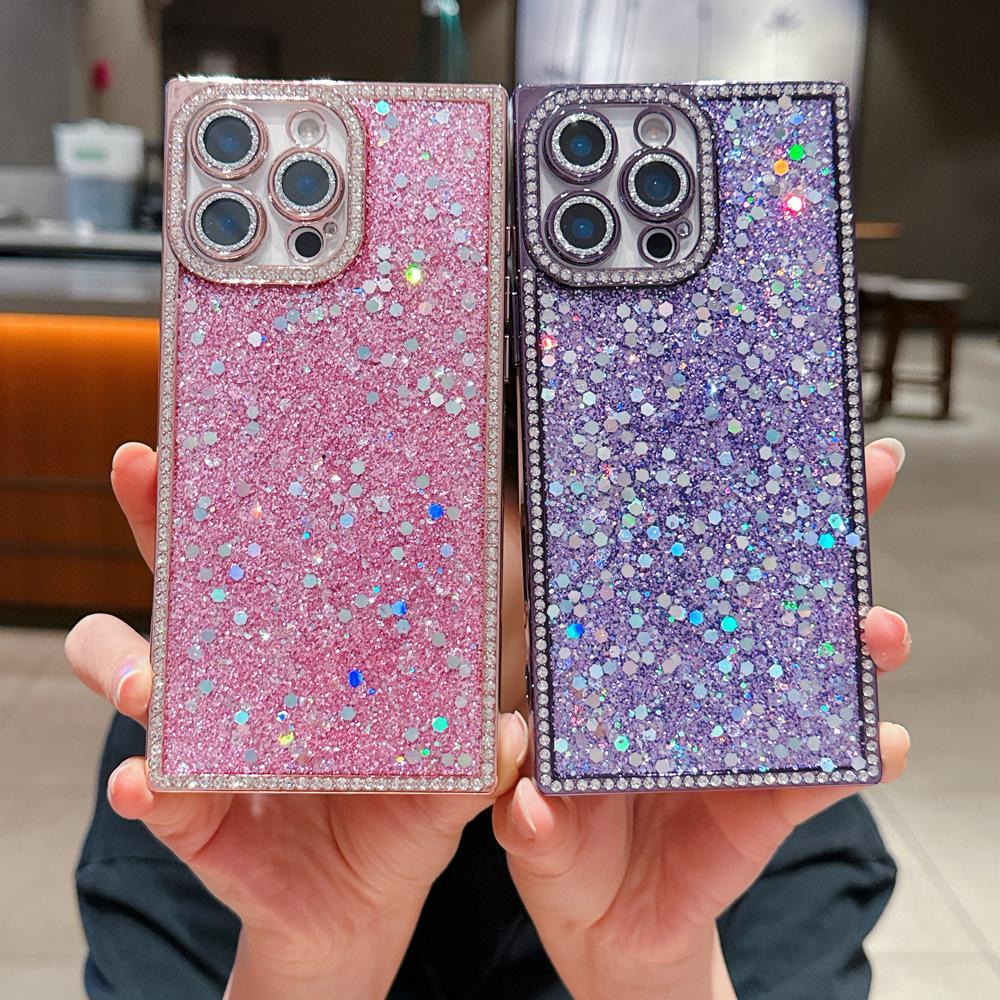 Epoxy mobile phone case with side drill glitter is suitable for Apple 17promax square iPhone16 new 15.