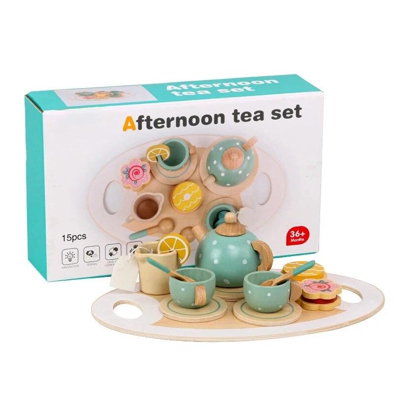 Kids Wooden Tea Set Play House Pretend Make Tea Play With Teapot Teacup Afternoon Snack Role Playing Toys Boys Girls Gift