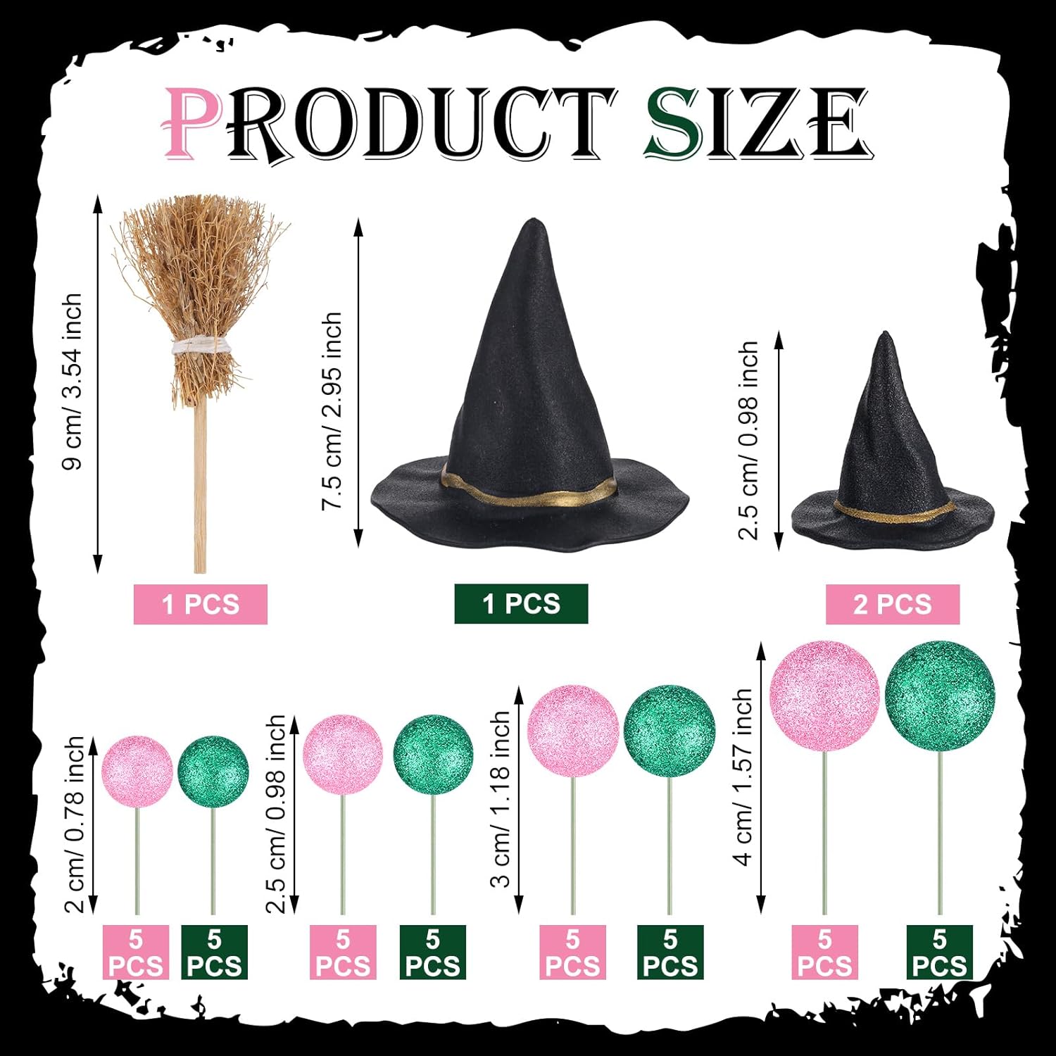 

44pcs Witch Cake Toppers Set, Witch Hat & Broom Cupcake Decorations, Green Pink Balloons for Halloween Birthday Cake Decor