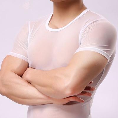 Men's Sheer Sexy Clothes Summer New Round Neck Breathable Tops American Style Thin Style T-shirt