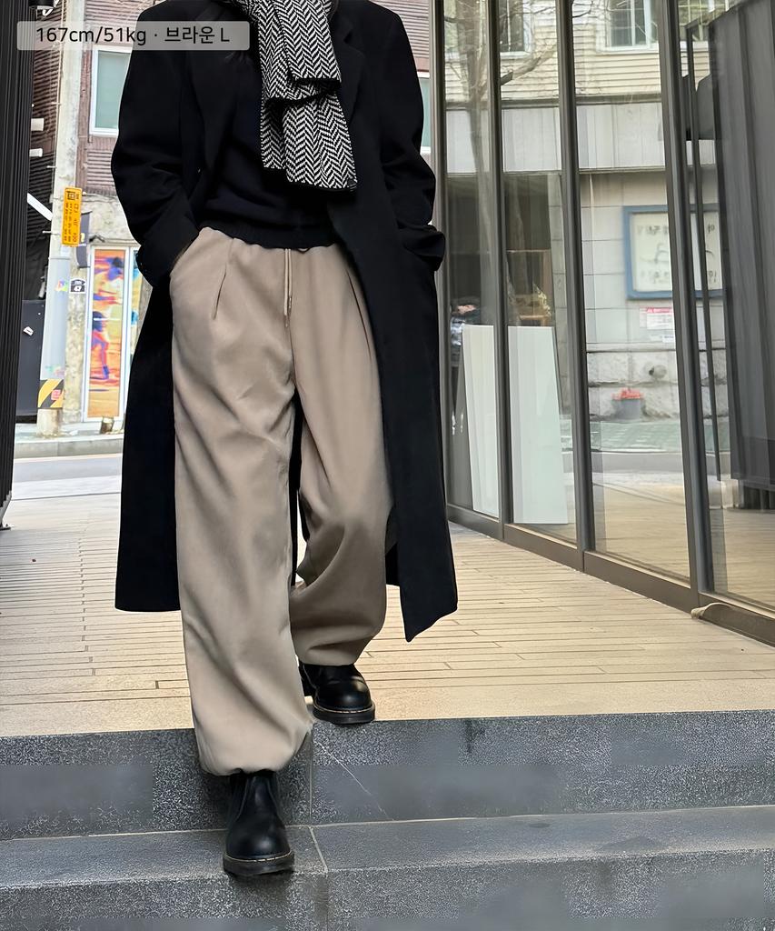 Baldebeullangko Wide One-Pleat Corduroy Brushed String Pants [Brown]