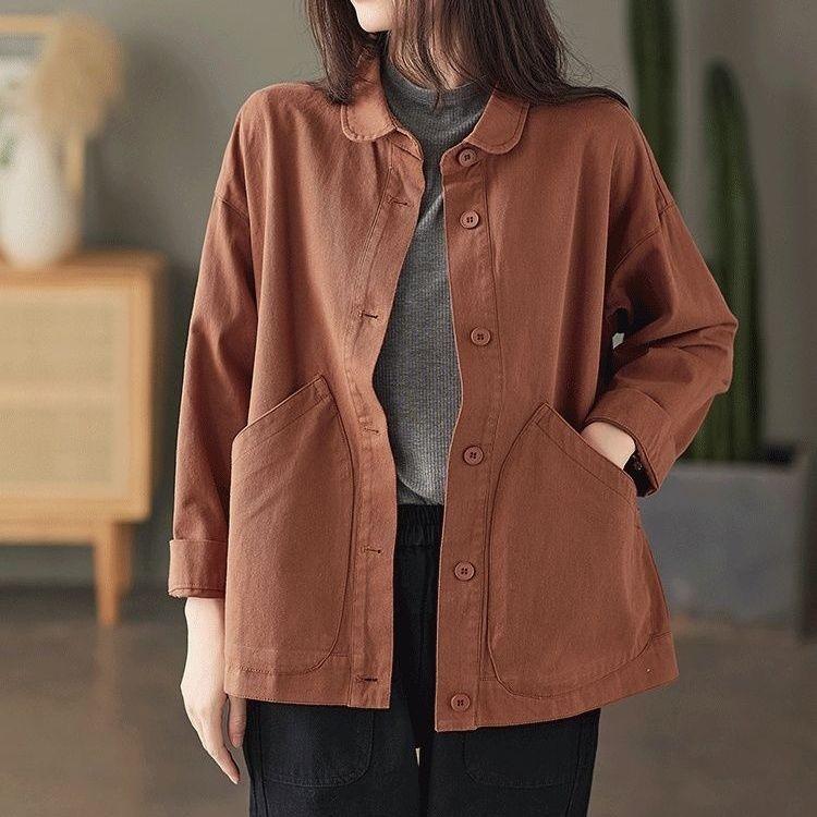 

Loose Cotton Shirt Coat Women s Simple Design Retro Solid Single Breasted Pocket Versatile Twill Autumn Spring Art M красный