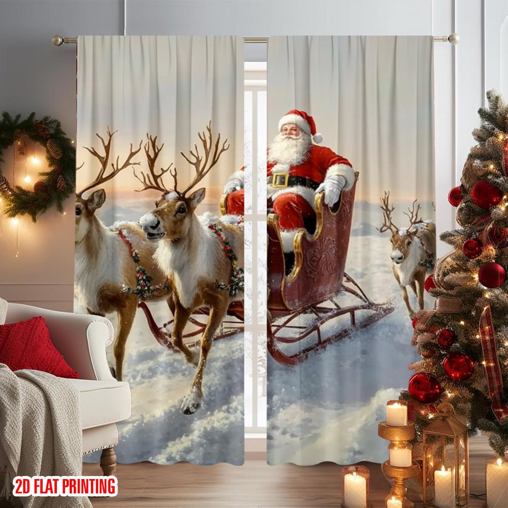 Set Of 2 Flat Printing Merry Christmas Popular Curtains Santa Sleigh Versatile Durable Polyester Without Electricity Festive Made