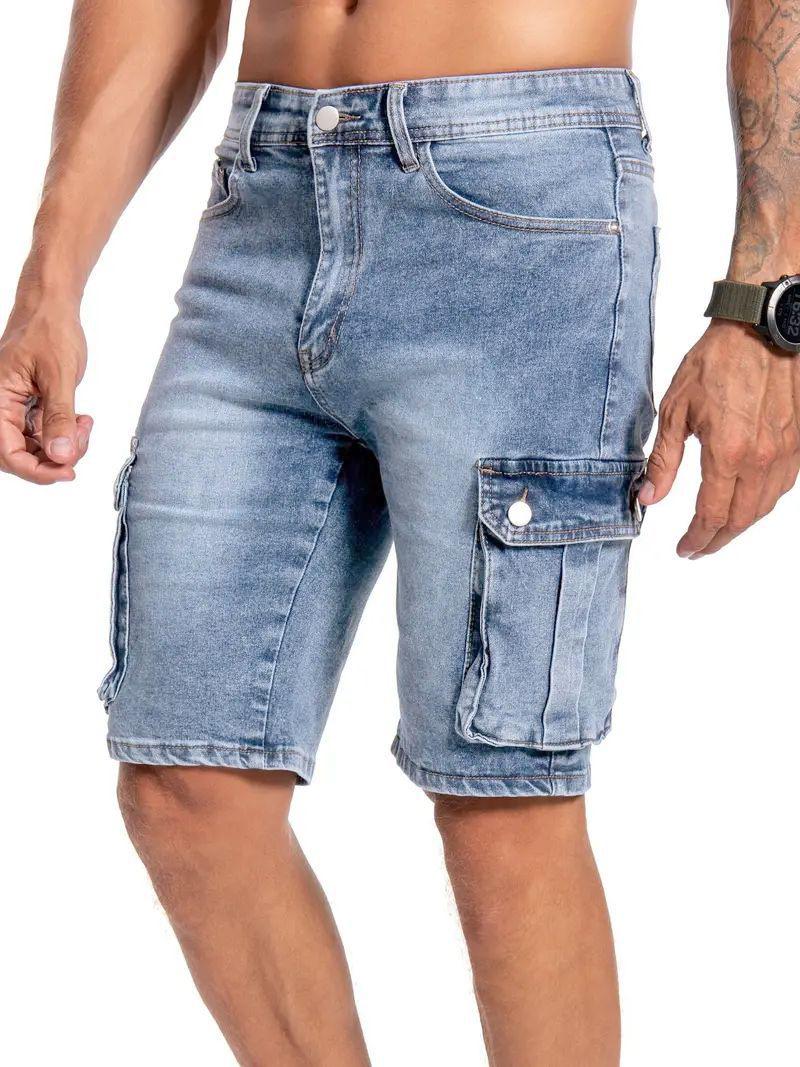 UrbanEdge Heren Europees-Amerikaanse Stijl Multi-Pocket Stretch Denim Shorts XS lichtblauwe kleur
