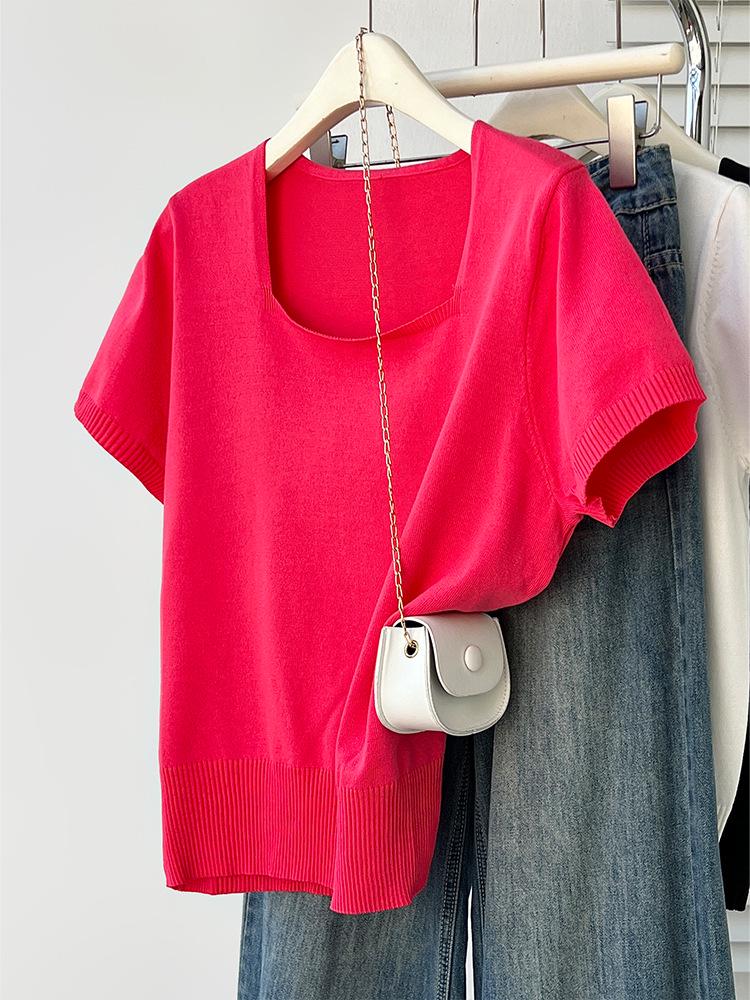 

Curvy Women s Square Neck Short Sleeve Knit Top - Summer 2026 Collection 3XL (165-200 jin) рожевий червоний колір