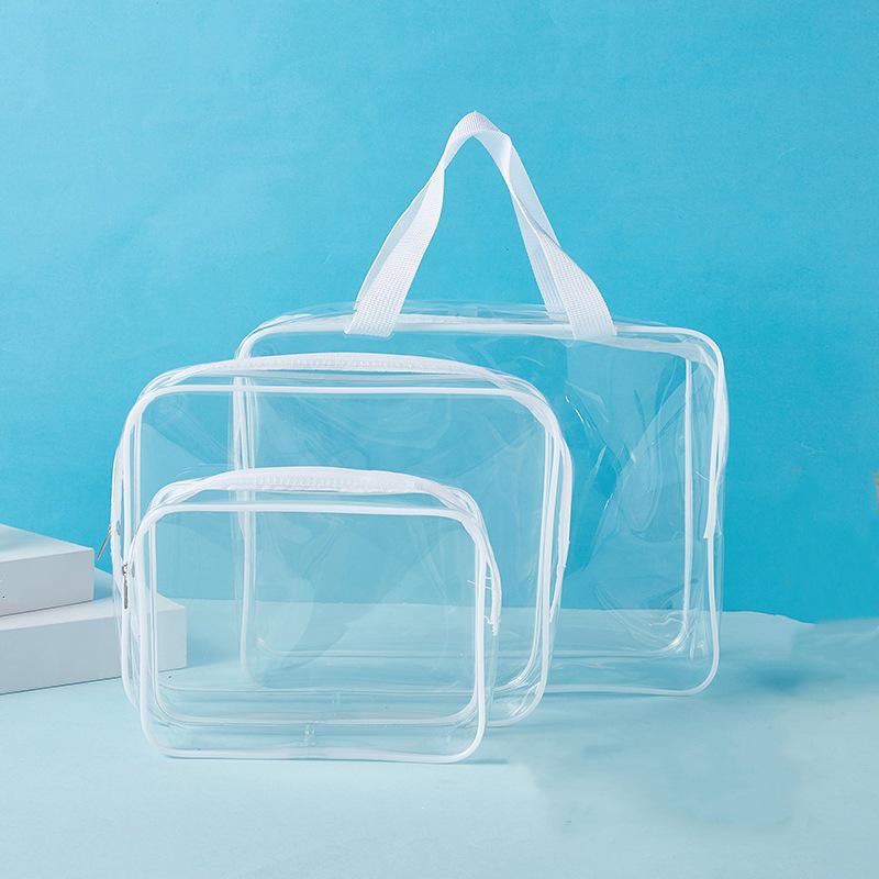 Průhledná velkokapacitní cestovní toaletní taška: Přenosná 3dílná PVC sada pro suché/mokré oddělení