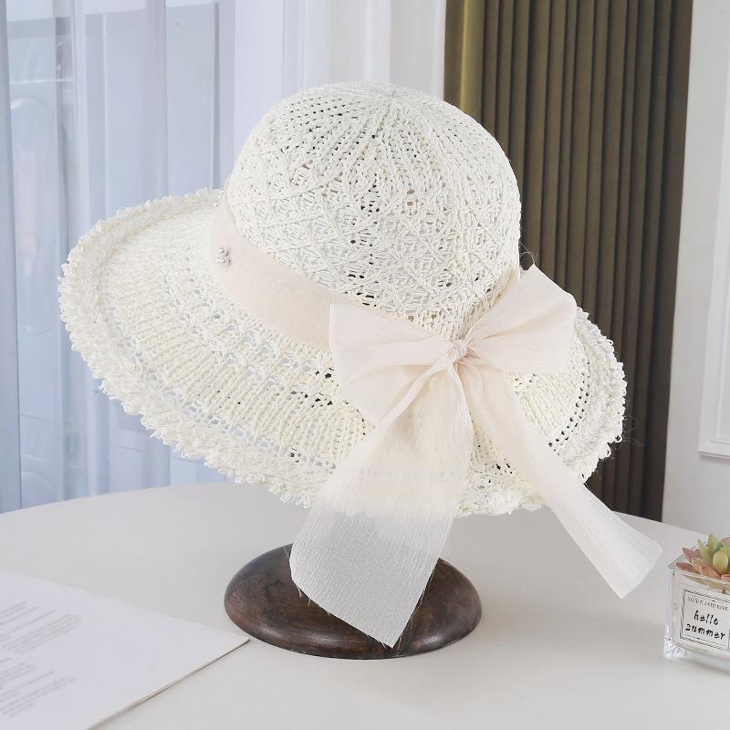 Hollow Woven Sun Hat Women'S Summer Sun Protection Big Brim Straw Hat Bow Pearl Decoration Beach Degree