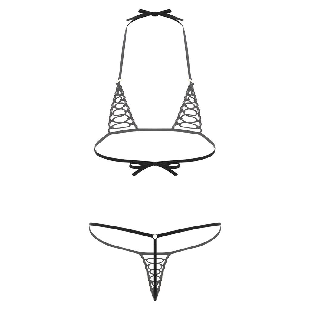 Womens Sheer Micro Bikini Set Halter Bra Top-G string Thong Swimsuit