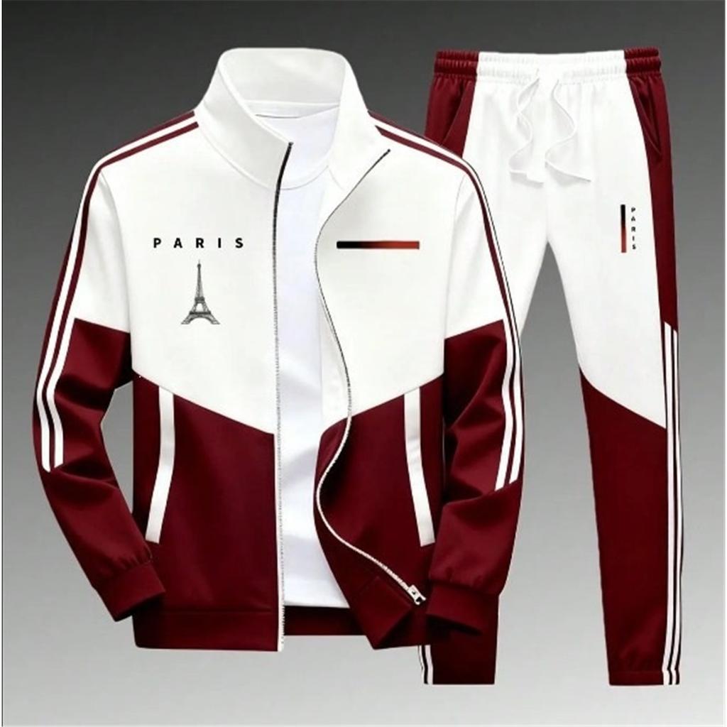 Men 2‑Pieces Tracksuit Color Block Zip‑Up Stand Collar Jacket + Elastic Waist Jogger Pants Set Casual Sports Outfit 