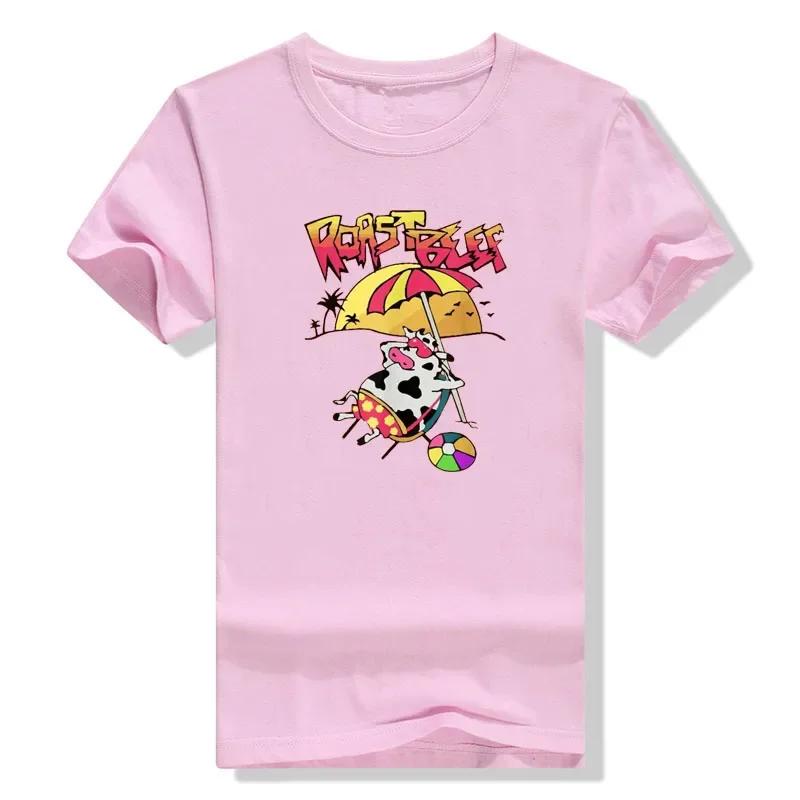 Fun and Cute Grilled Beef Beach Cow Cartoon Pattern Summer Casual and Comfortable Short Sleeved T-shirt Top