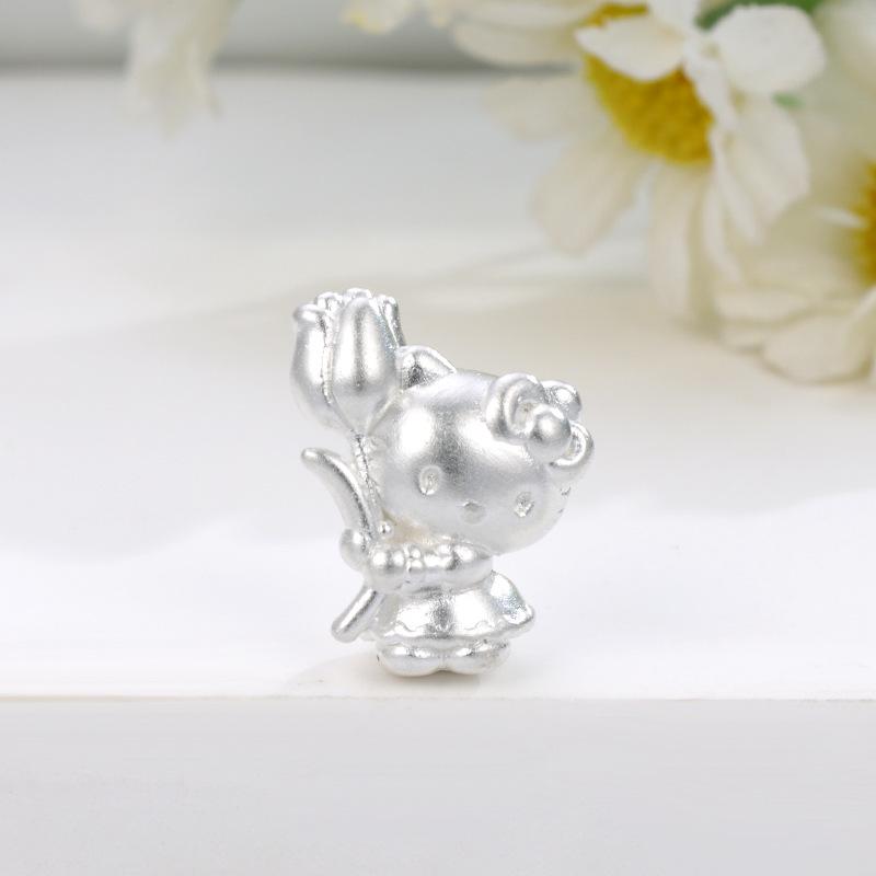 Sterling Silver 999 Hello Kitty Tulip Beaded Hand-Woven Rope DIY Cartoon KT Cat Loose Beads серебряный