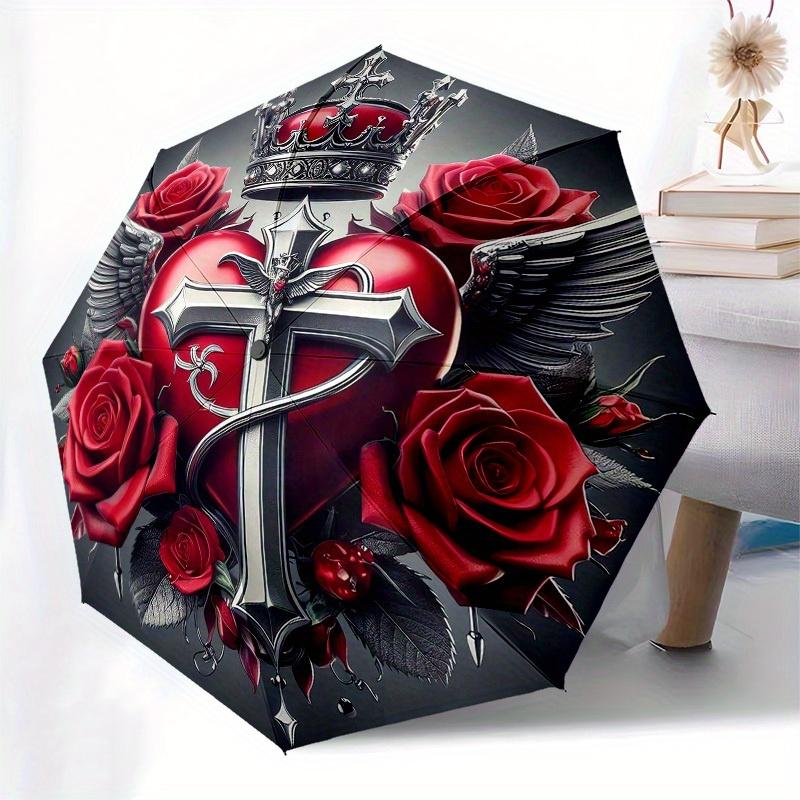 1pc Heart with Crown and Roses Umbrella with Plastic Handle,Suitable for All Seasons Home Travel Outdoor UmbrellaB1904