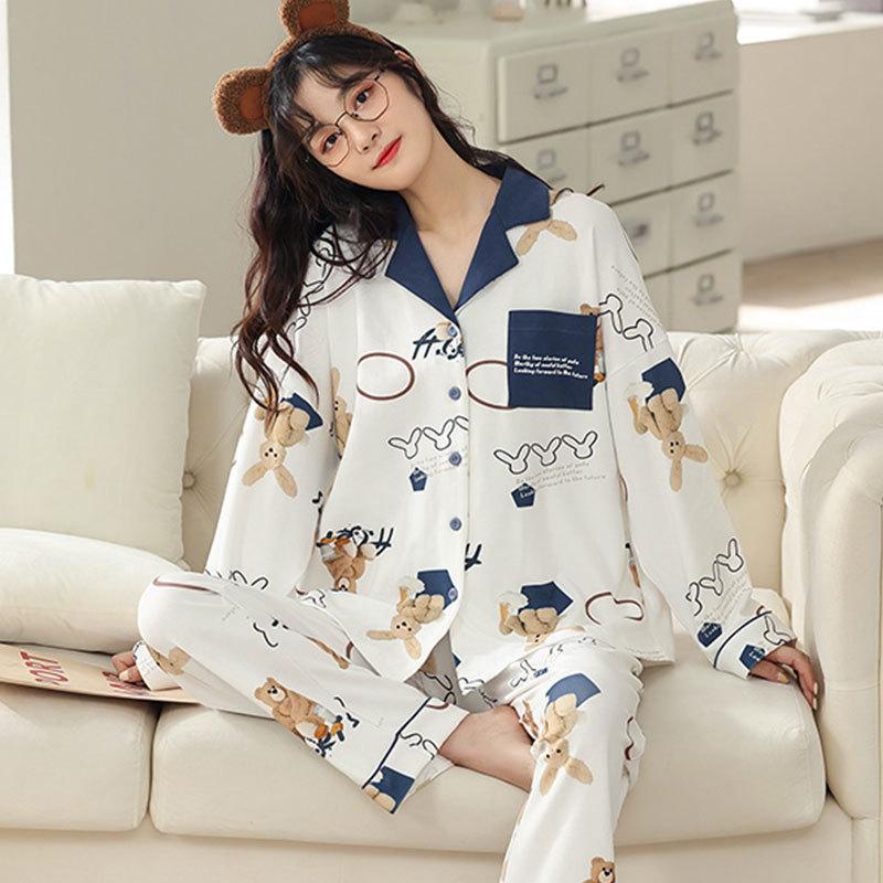 Spring and Autumn New High-end Imitation Cotton Pajamas Women's Summer Long-sleeved Trousers Set Women's Loose Large-size Loungewear