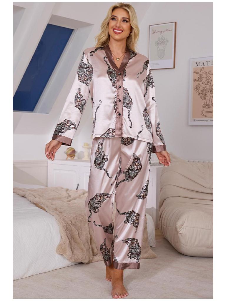 Damen Pyjama-Set mit Leoparden- und Zebra-Print - Langärmliges Oberteil und Hose, Perfekt für Frühling und Herbst (TZ21941)