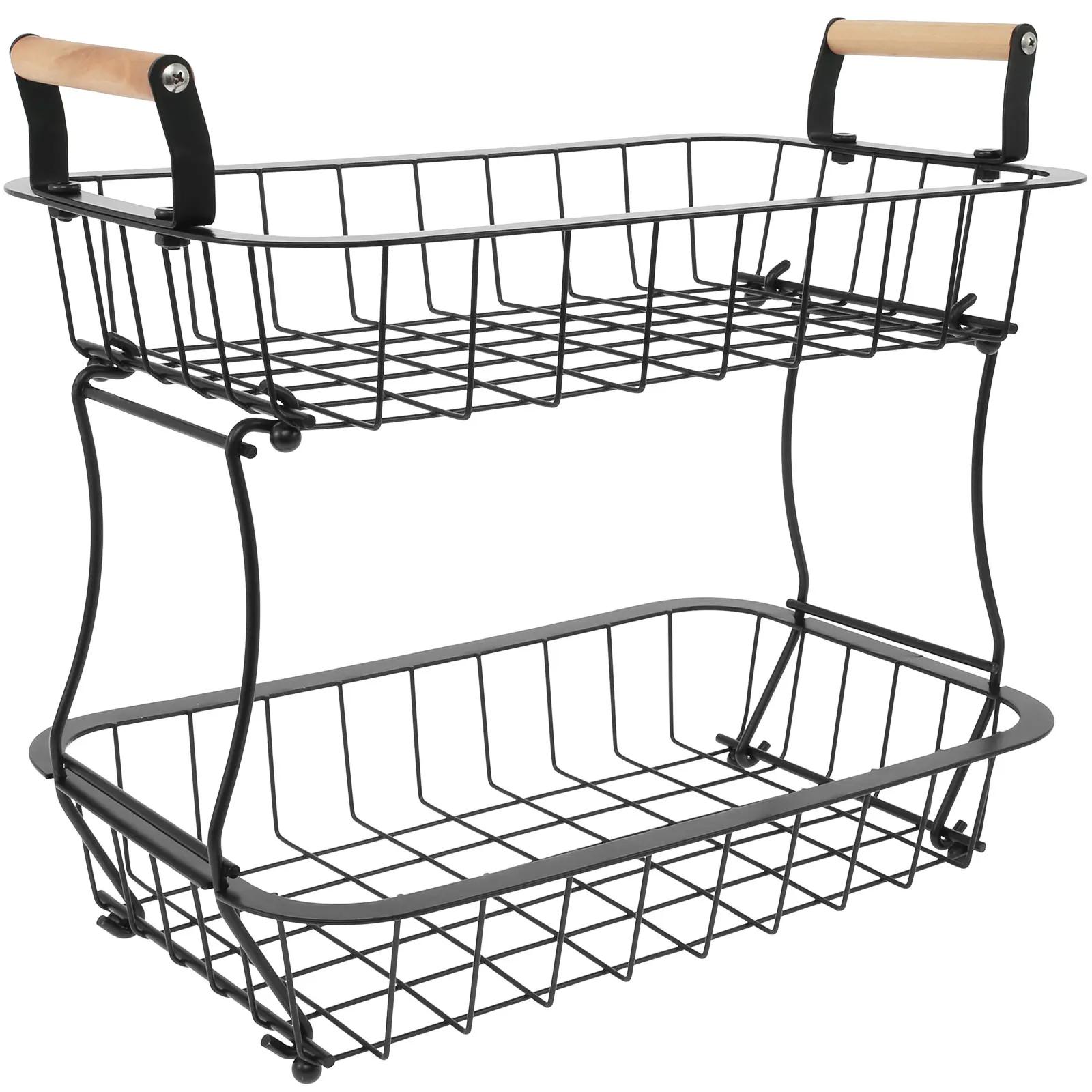 Двухъярусная фруктовая корзина, съемная металлическая настольная корзина для фруктов и овощей с деревянными ручками для хранения хлеба, закусок, овощей НОВИНКА 37x32.5x22cm чёрный