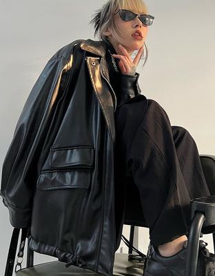 Streetwear Black PU Leather Coats Jackets Women Pocket Long Sleeve Y2K Gothic Autumn Spring Ladies Jackets