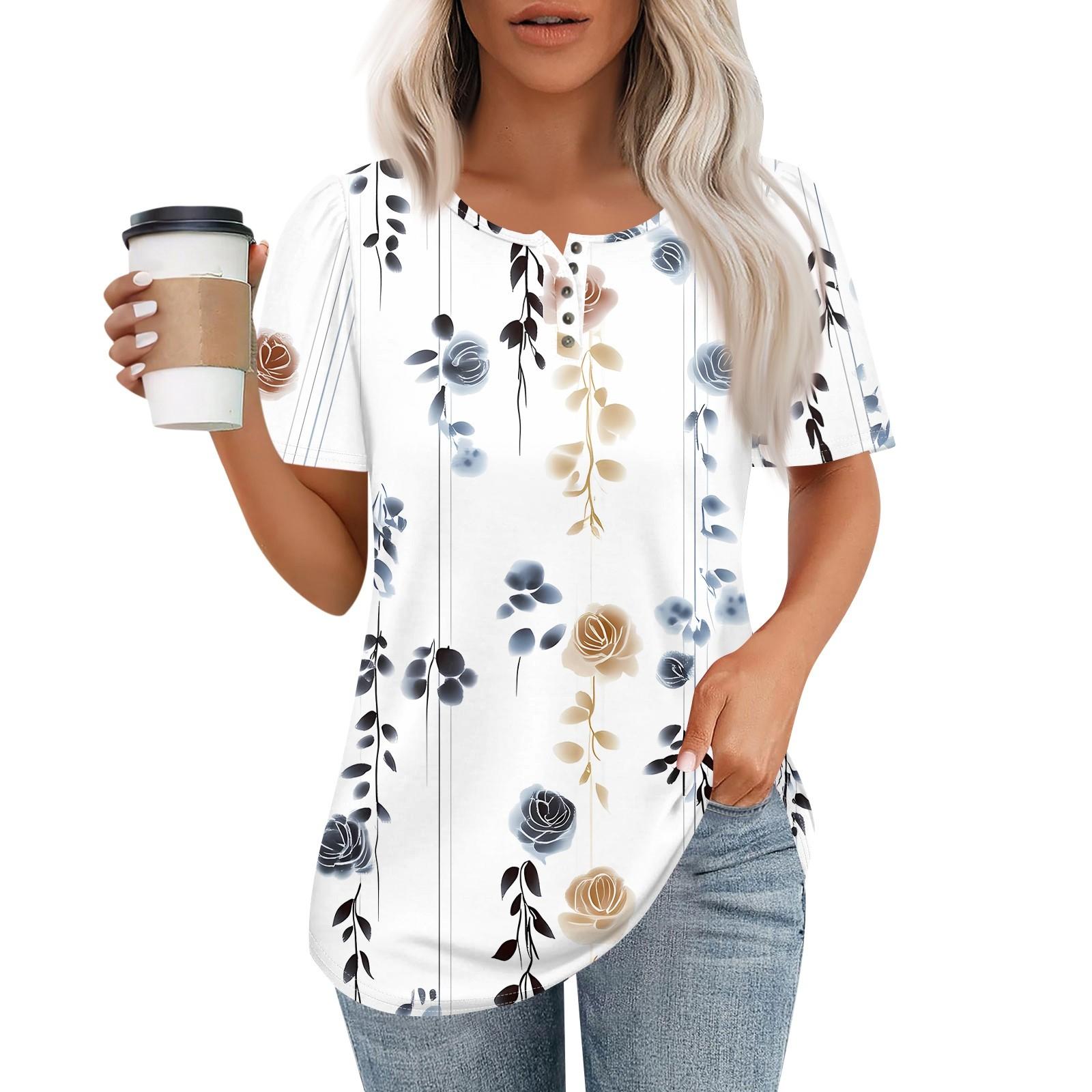 

Женский модный повседневный короткий рукав пуловер с принтом на пуговицах и круглым вырезом XL белый