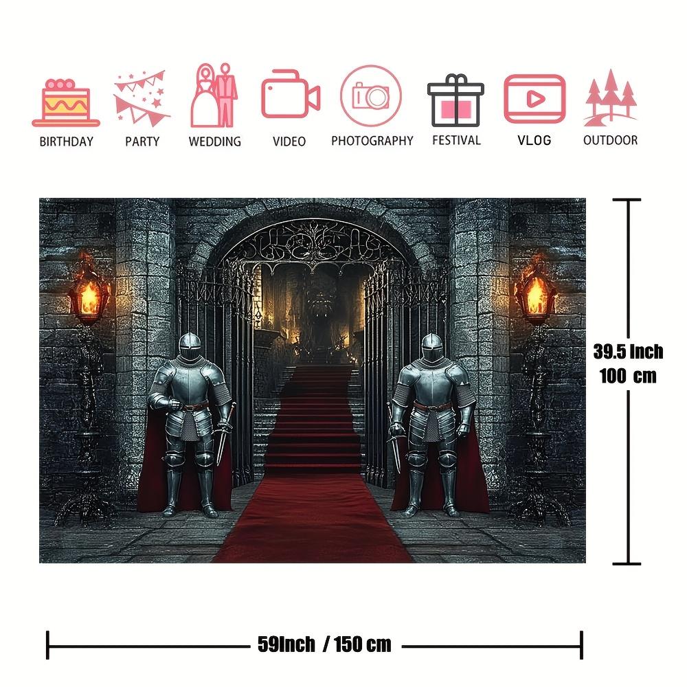 1 piece high-quality polyester Halloween background fabric featuring medieval knight and castle arch design.PMJ