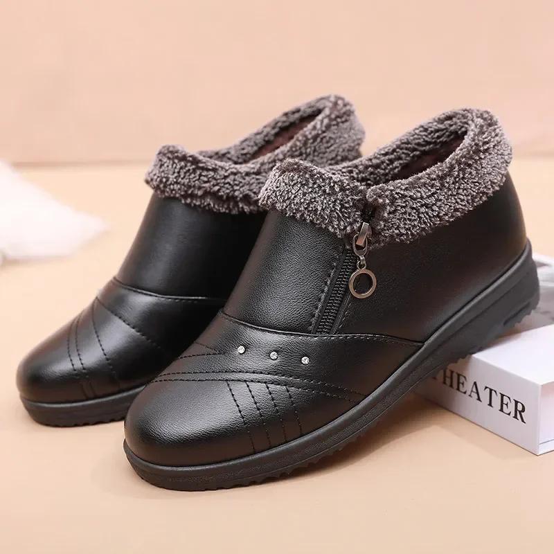 Fashion Women Ankle Short Boots Waterproof Snow Boot Shoes Women Casual Lightweight Warm Winter Soft Leather Elderly Shoe Zapatos Mujer