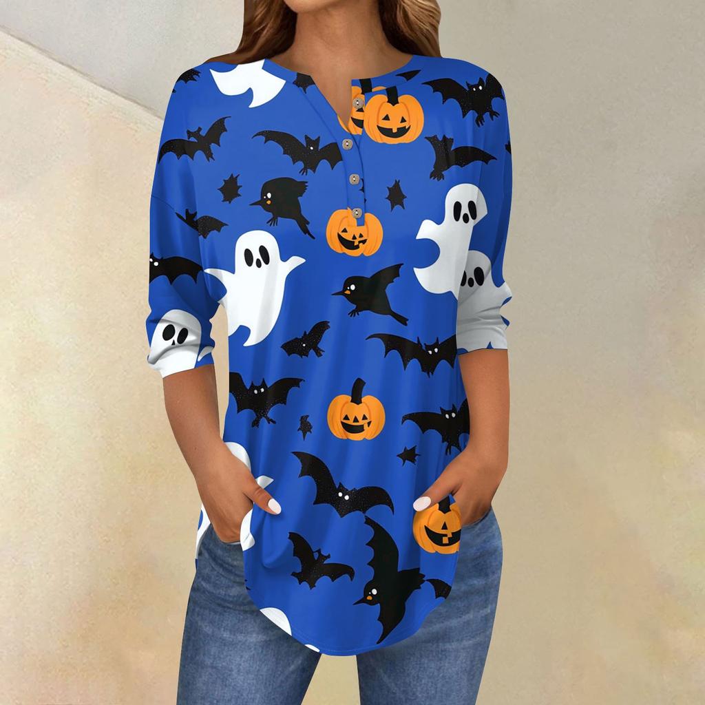 Women's Fashion Loose Button Collar Halloween Print Long Sleeve T-Shirt Top Pullover