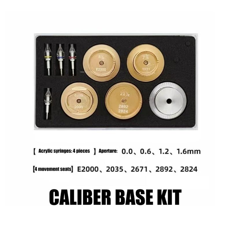 Watch Repair Tool Kit, 9 Piece Hand Setting Set with 4 Clear Acrylic Press Heads, 4 Support Holders and Metal Base for Watch Care and Part Alignment