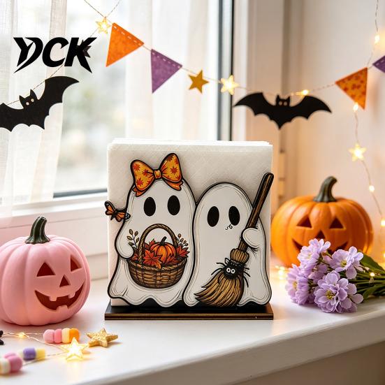 Halloween Home Table Ornament Wooden Napkin Holder, Cute Ghost Black Cat Vertical Paper Stable Stand Towel Stand, Kitchen Tissue Festive Party