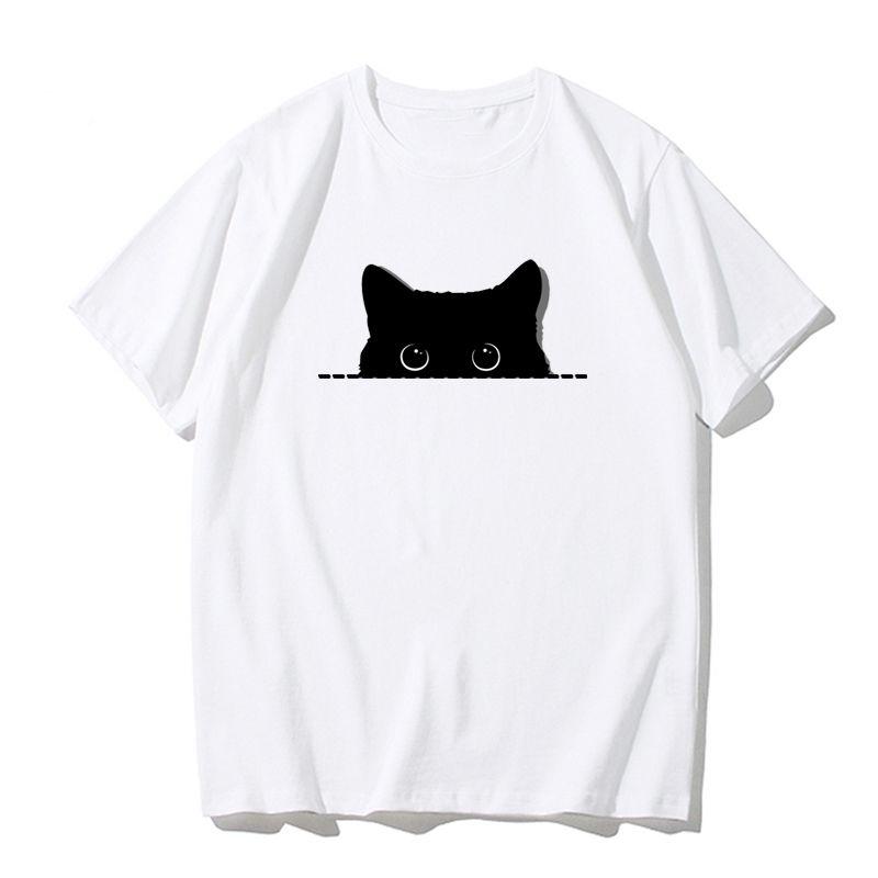 

New Fashion Black Cat Print High Quality Summer Mens Women s Fashion Loose Breathable Crew Neck Short Sleeve Top S разноцветный
