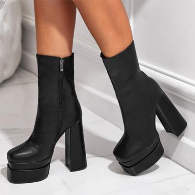 Chunky Platform Boots Women  New High Heels Ankle Boots for Women Black Leather Square Toe Zipper Women Shoes Botas Mujer