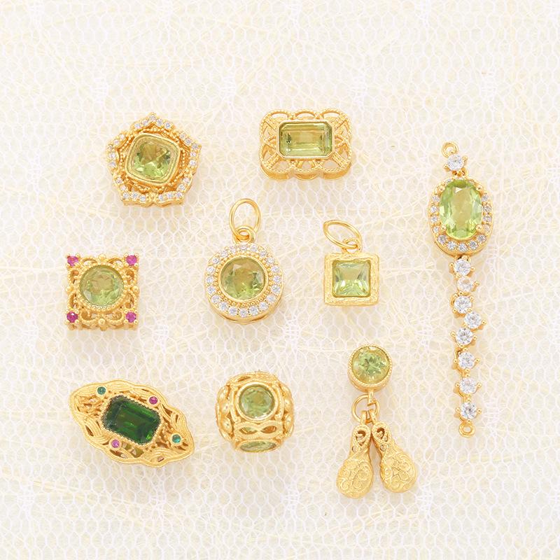 S925 Sterling Silver Inlaid Natural Peridot Diopside Loose Beads Spacer for DIY Bracelet Necklace T7