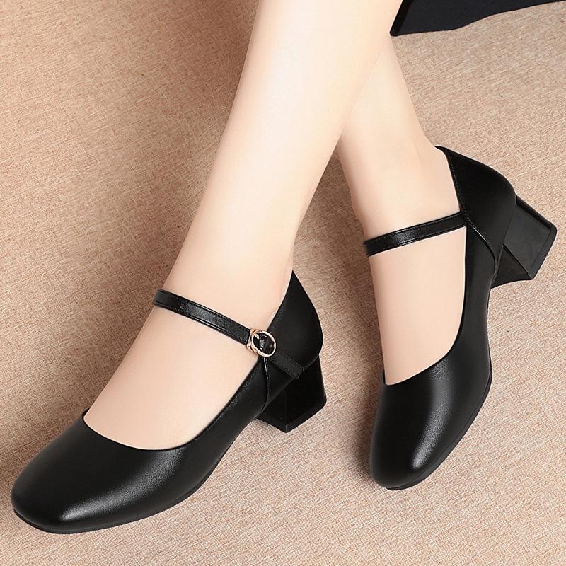 Fashion Soft Leather Work Shoes Women Black Soft Sole Comfortable Working Thick Heel Single Shoes Women's Head One-Button Leather Shoes
