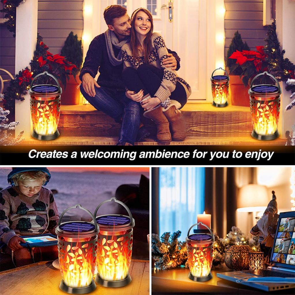Solar Lantern Flickering Flame Garden Light Hangable Hollow Lanterns For Backyard Walkway Driveway Balcony Fence Pool Deck