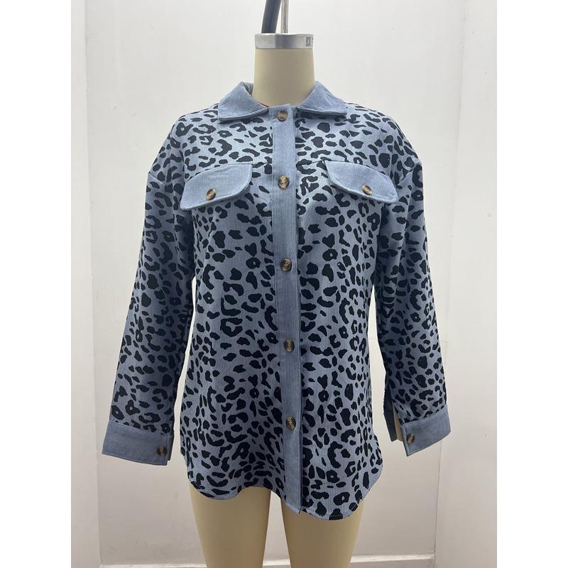 Plus Size Leopard Print Button-Up Jacket with Long Sleeves for Autumn/Winter