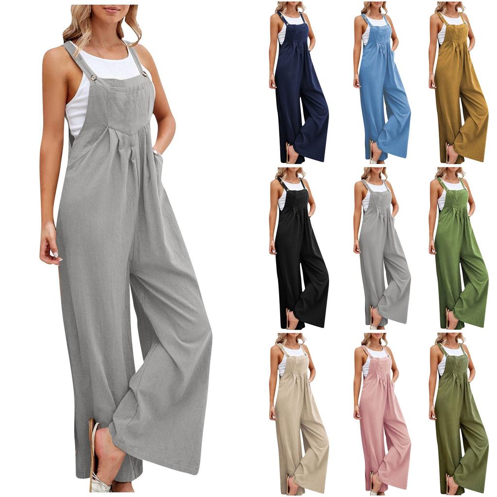 Women's Fashion Casual Loose Sleeveless Vest Square Neck Pleated Wide Leg One-Piece Belt Pocket