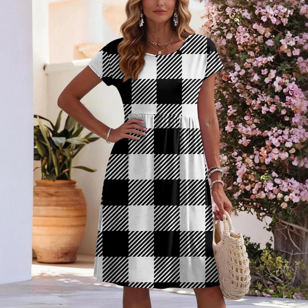 Women's Summer Fashion Casual Round Neck Short Sleeve Plaid Print Dress