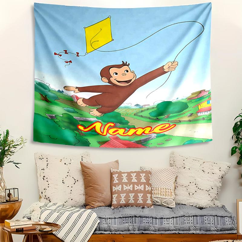 Personalized Curious George Background Tapestry,Custom Name Birthday Party,Multifunctional Wall Decoration for Home Decor,Various Occasions